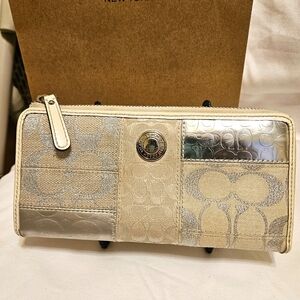 Coach Continental Patchwork Metallic Silver/Cream Accordion Wallet